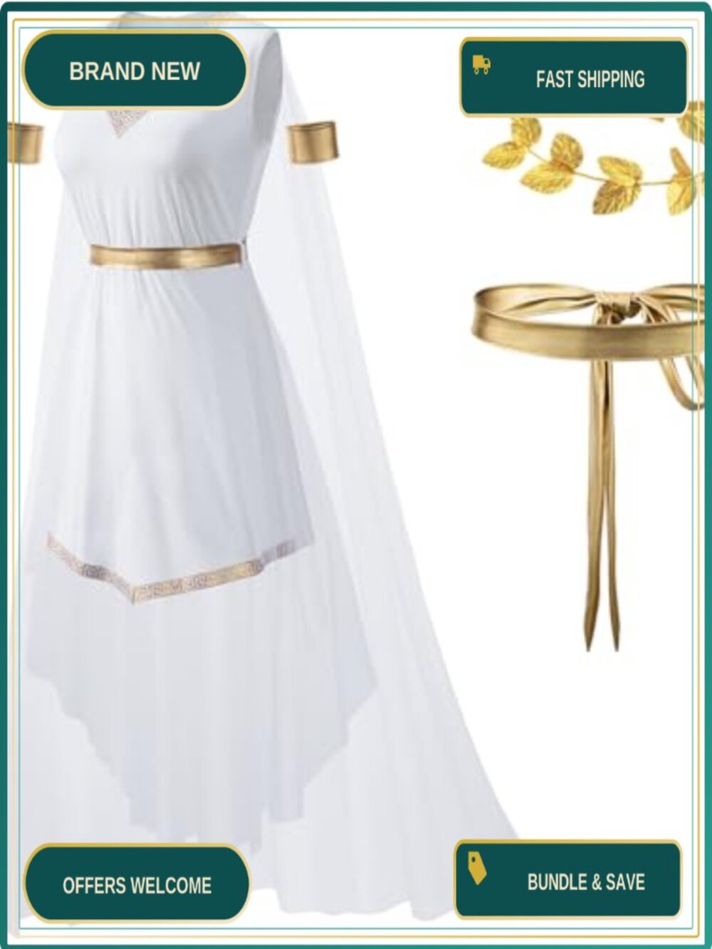 Toga Costume Set Greek Goddess Dress Headpiece Arm Bands Belt Cosplay
